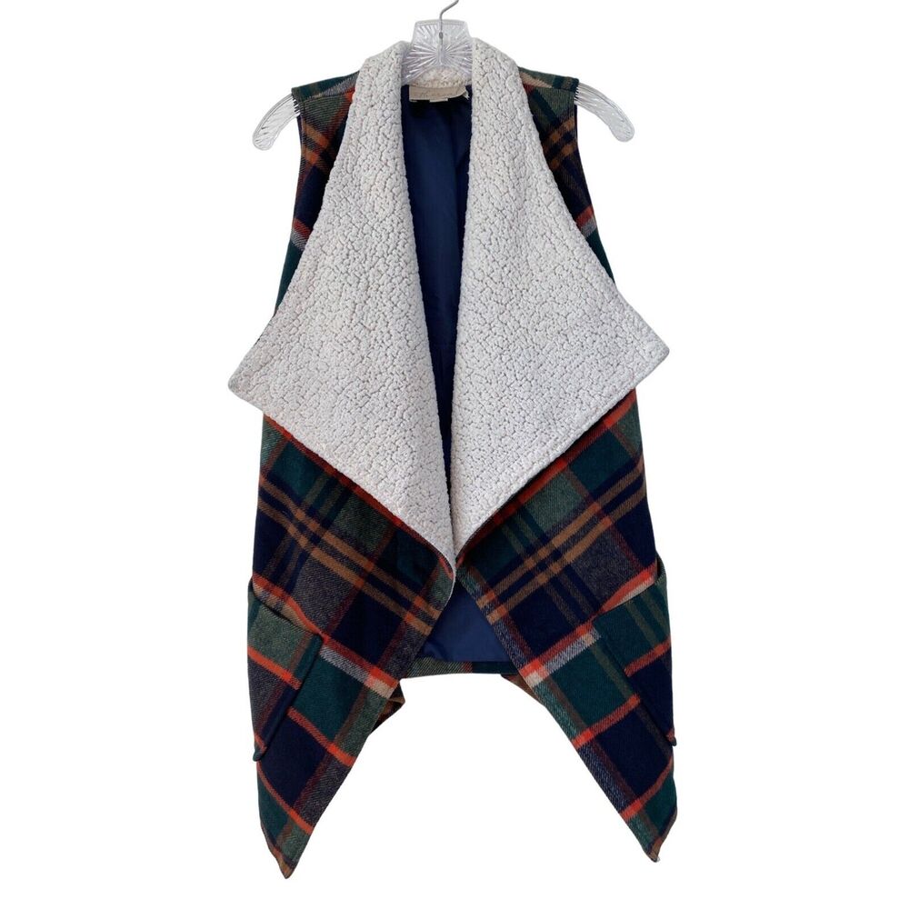 Paper Crane Womens Tartan Plaid Wool Blend Vest Sz Small Ethereal Sherpa Pockets